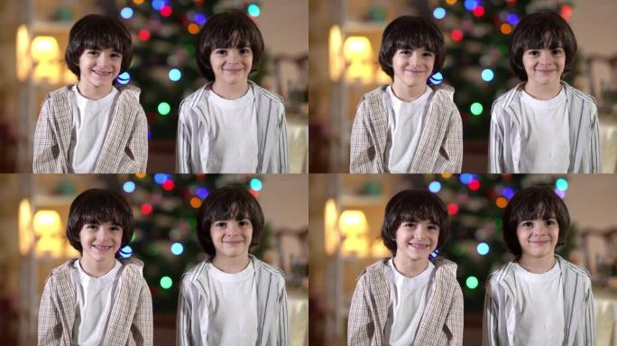 两个快乐的中东双胞胎兄弟看着相机微笑，背景装饰着圣诞树。新年前夕，迷人可爱的男孩在室内摆姿势。假日概