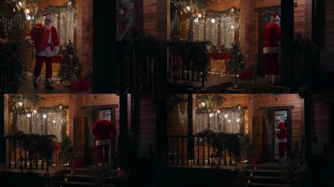 侧视图圣诞老人在冬天的街道上随身携带并交付礼物，来到门口，带着花环和圣诞节装饰品进入房屋。圣诞夜在1