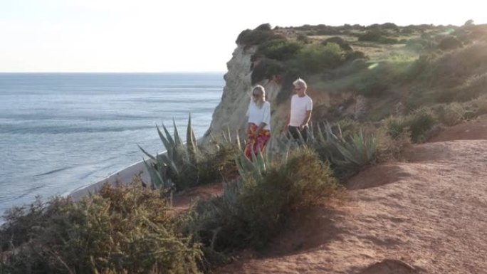 夫妇沿着悬崖悬崖，在遥远的海面上行走