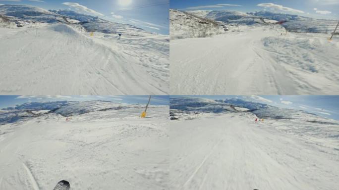 滑雪场滑雪板上的POV人: 寒假