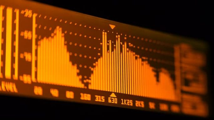 专业音乐会均衡器显示屏上有黄色频谱分析仪