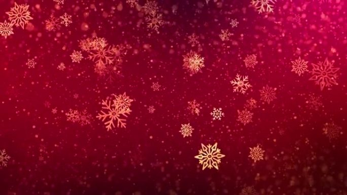 红色金色4k雪落在白色天空，蓝色颗粒在冬季圣诞循环背景。