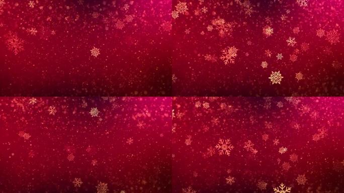 红色金色4k雪落在白色天空，蓝色颗粒在冬季圣诞循环背景。