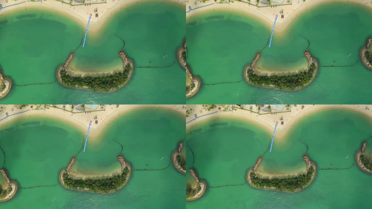 白天新加坡城市景观著名圣淘沙岛海滩空中俯拍全景4k