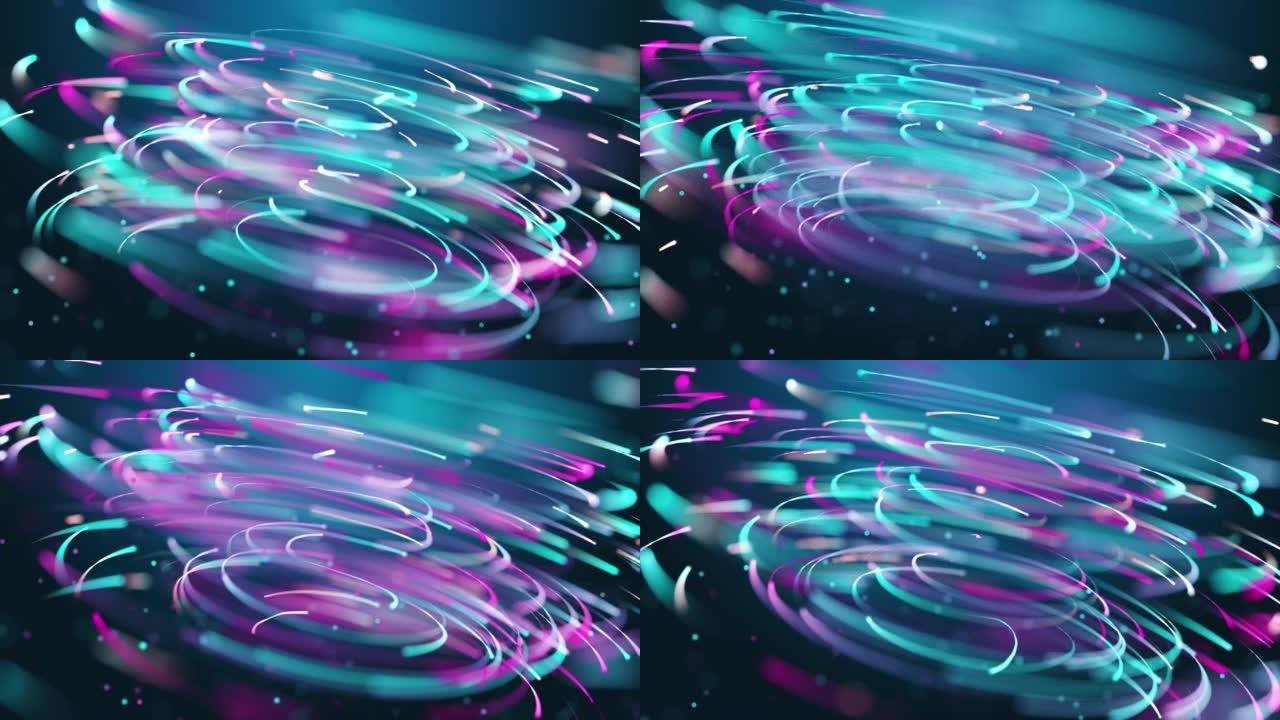3D抽象蓝色粉色粒子涡流设计。数字光辉光粒子龙卷风背景。无缝循环动画。