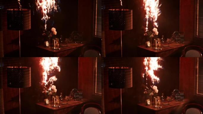 客厅木墙起火。着火的桌子，特写镜头