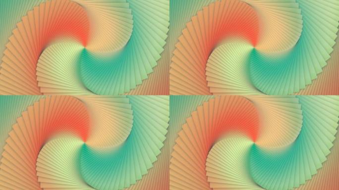 龙鳞，奶油鳄梨，日出和金莲花旋转彩色方形动画循环。旋转无缝彩色层背景。扭曲动作动作多色背景。