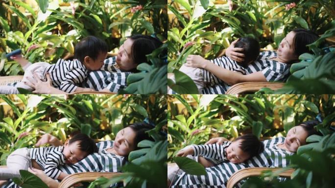 母子俩在富饶的花园中放松。