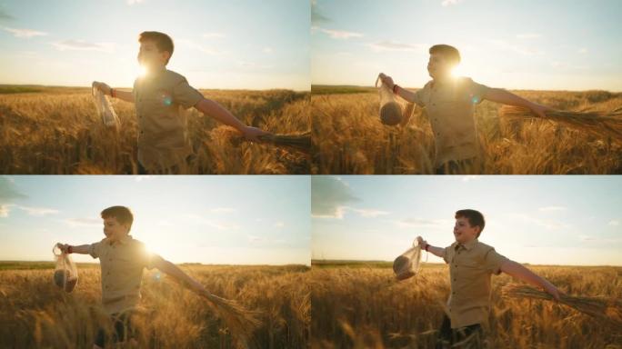 快乐的胖乎乎的男孩在金色的田野上奔跑，日落时间快乐的孩子的肖像，慢动作拍摄