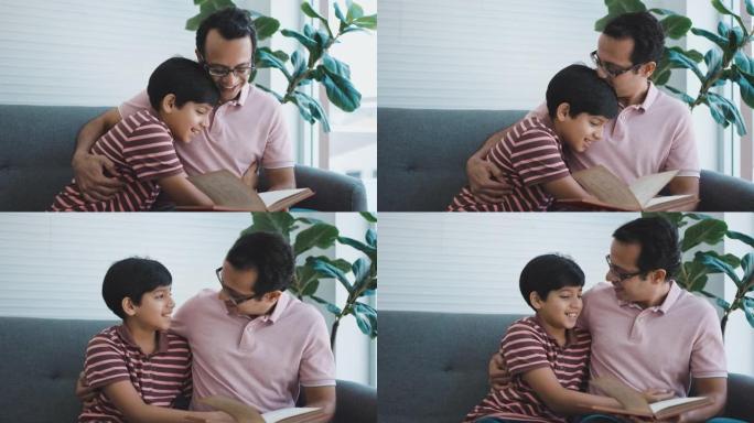 十几岁的男孩在家里和父亲一起学习