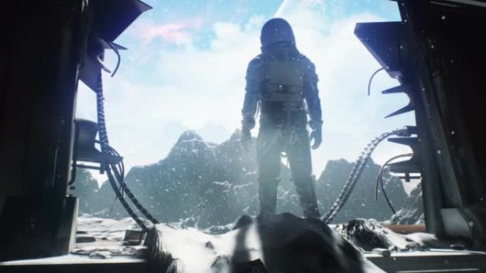 一位宇航员从失事的飞船上欣赏着地球的景色。宇航员探索地球。宇航员探索的概念。动画非常适合空间，科幻背