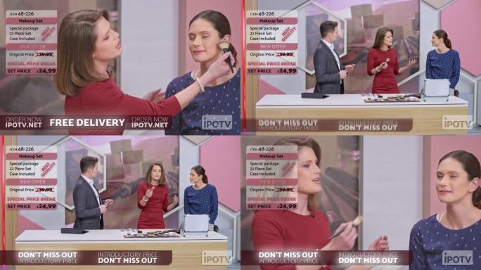 英国商业广告蒙太奇: 女性化妆师在商业广告节目中展示化妆刷的用法