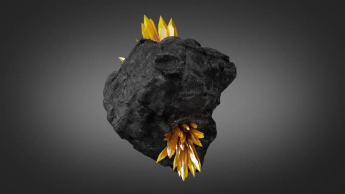 循环动画，带有黄色晶体的3d黑色岩石正在旋转和旋转。神奇的深奥金块。地质对象