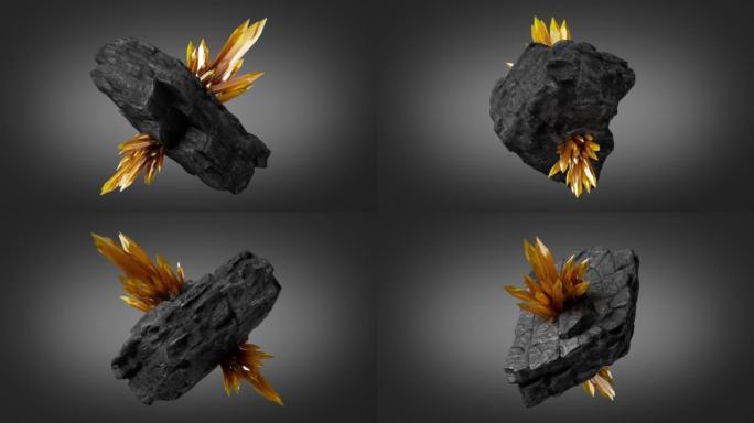 循环动画，带有黄色晶体的3d黑色岩石正在旋转和旋转。神奇的深奥金块。地质对象