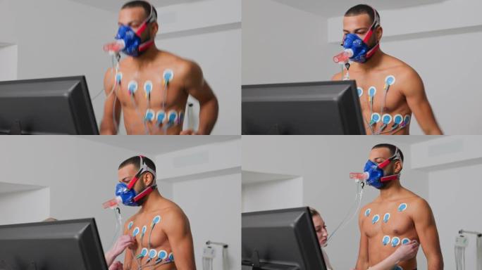 DS护士在进行肺功能测试后将电极从男运动员的胸部上取下
