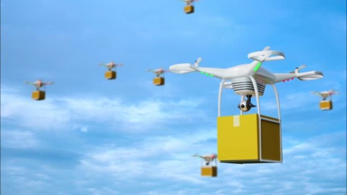 无人机包裹递送服务。空中多架无人机的交付技术。