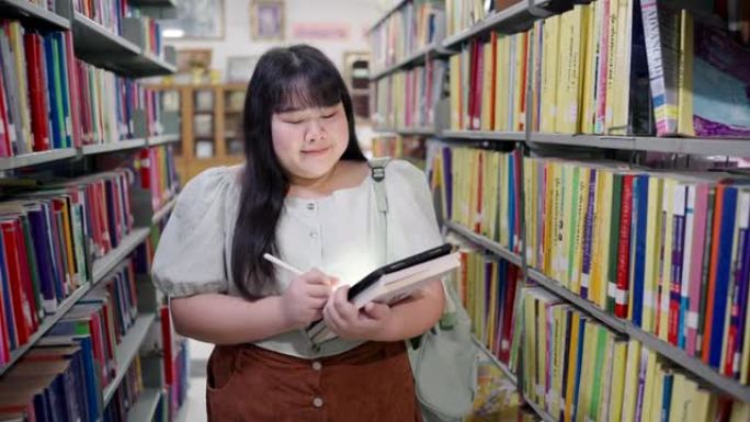 女学生在图书馆寻找和搜索书籍。