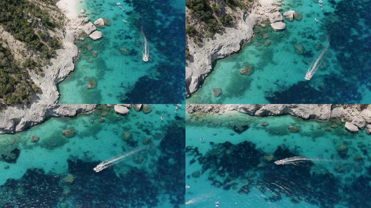 空中无人机在岩石岛附近拍摄了一艘船