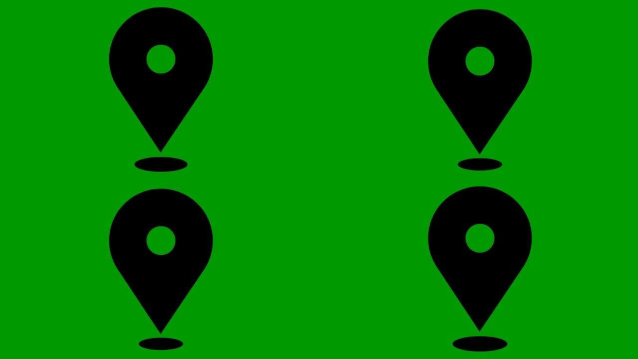 动画黑色距离标记图标。循环视频。矢量平面插图孤立在绿色背景上。