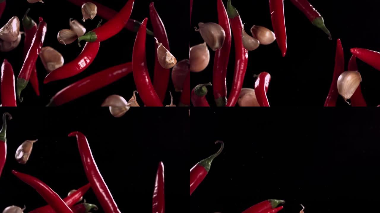 飞行红辣椒和大蒜的超级慢动作镜头