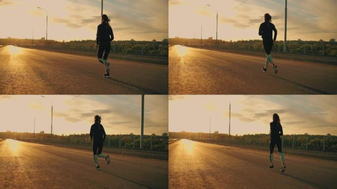 年轻女子在夏天早上或晚上独自跑步，独自在户外训练，慢跑