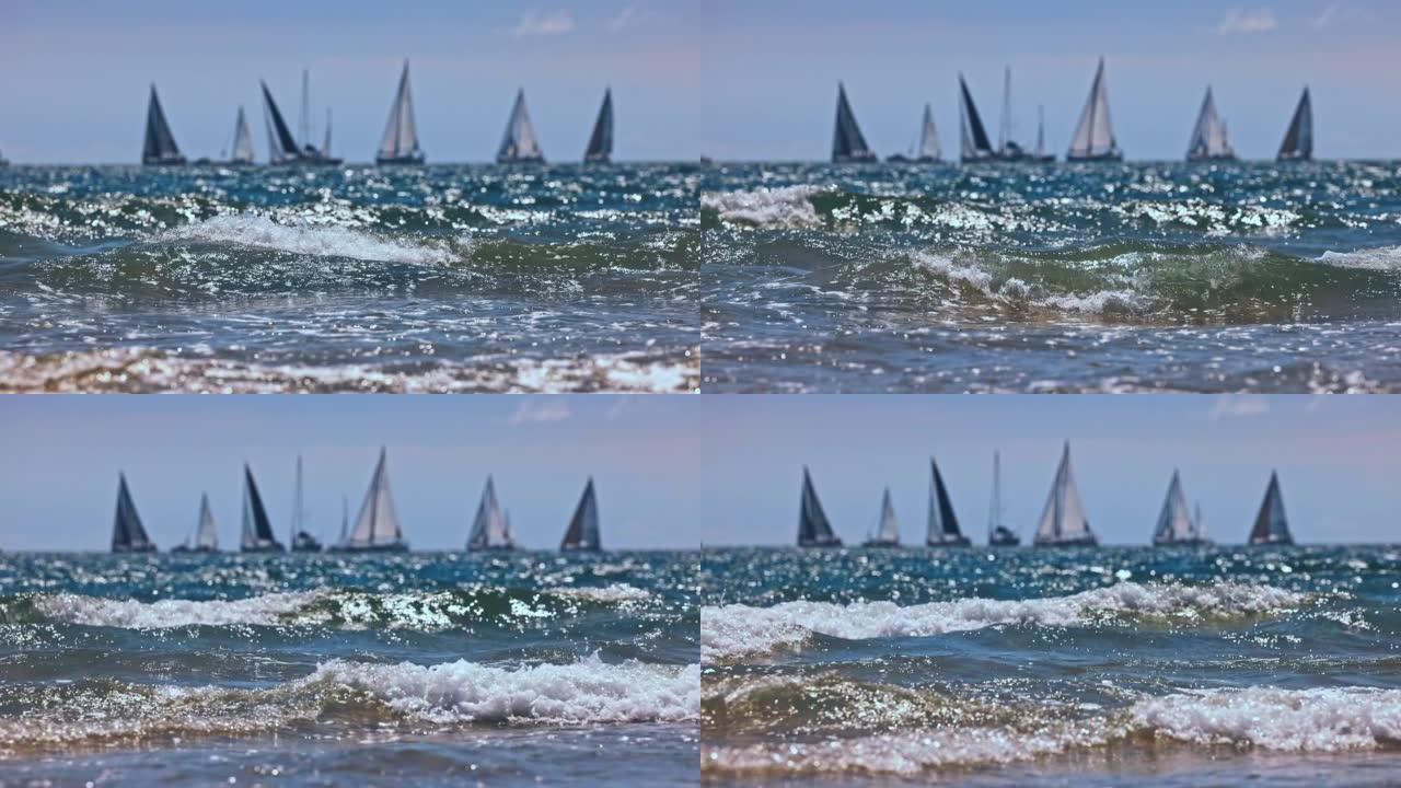 航行风船和海浪。在保加利亚瓦尔纳举行的夏季帆船赛比赛