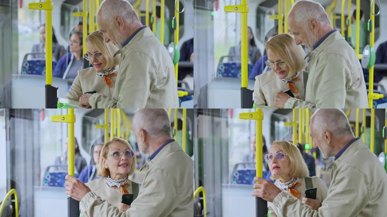 LD高级夫妇在乘公共汽车和观光时交谈