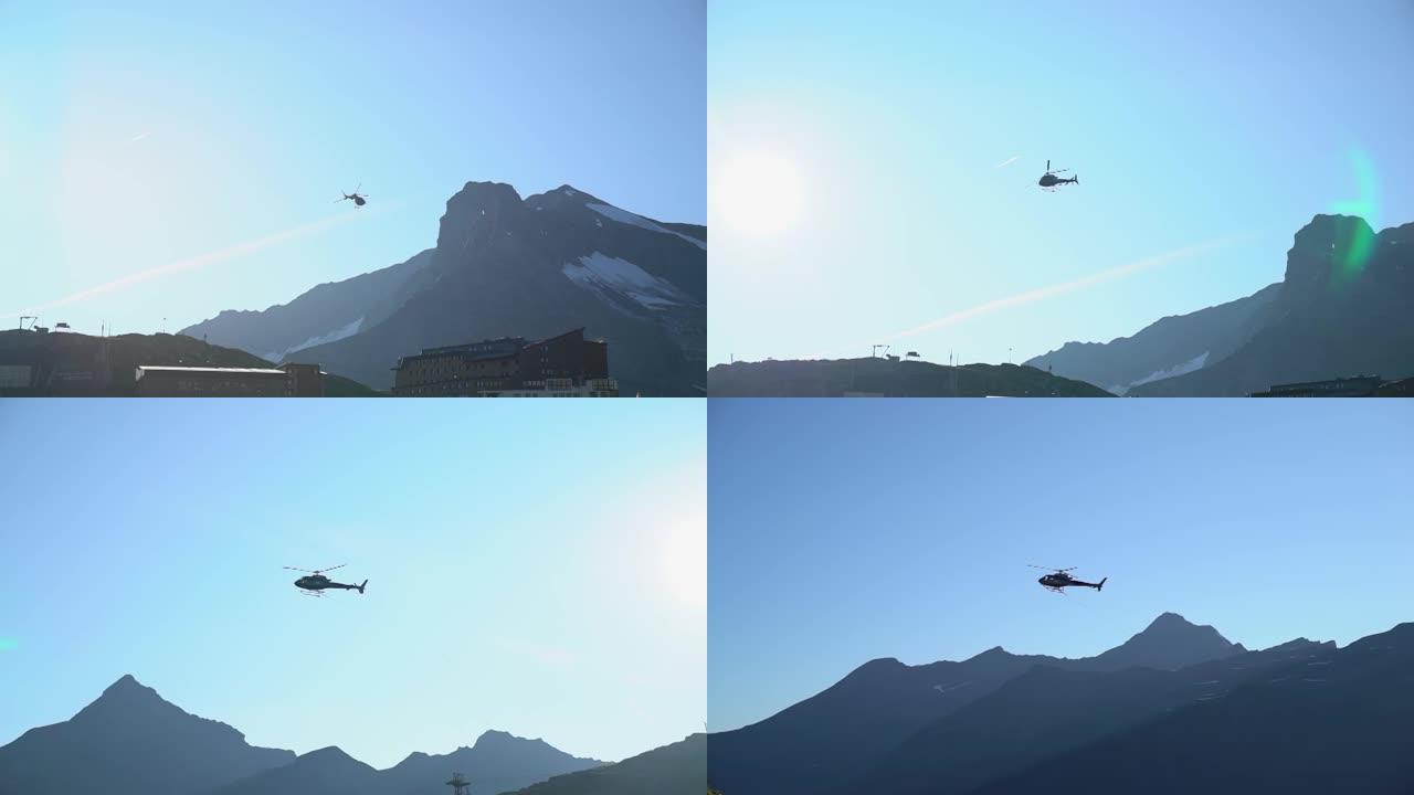 从上面看山脉。直升机飞越覆盖着苔藓的陡峭山坡