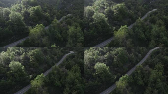 空中无人机拍摄了山区的一条道路