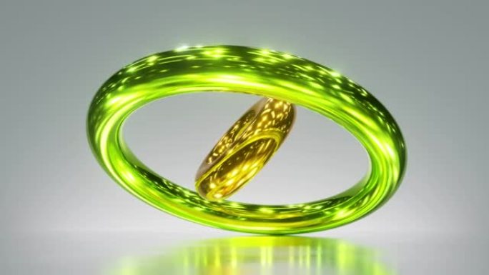 循环3d动画，抽象闪亮戒指旋转和旋转，光泽绿色黄金金属物体，循环背景