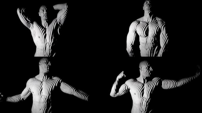 灰色的肌肉男在黑色背景上用抽象的灯光效果对着相机摆姿势