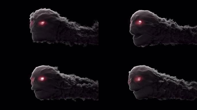 带有阿尔法通道的红色眼睛的飞行烟雾头骨