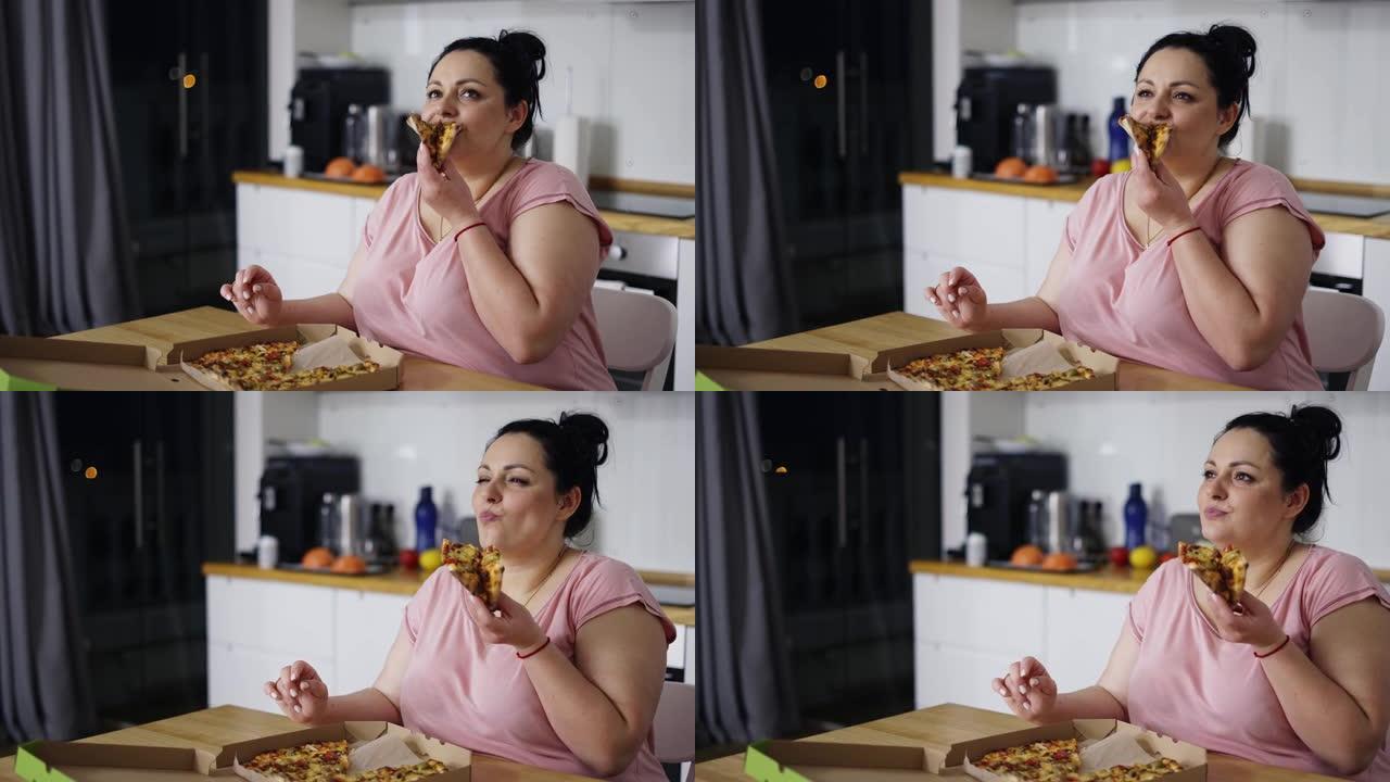 超重的女人吃得很开心，女人吃披萨，翻白眼，慢动作