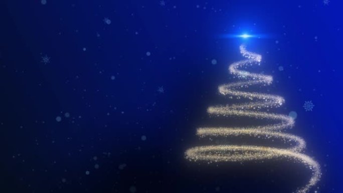 4k动画圣诞树，蓝屏背景上落下闪闪发光的雪花