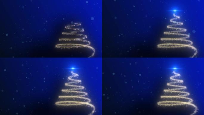 4k动画圣诞树，蓝屏背景上落下闪闪发光的雪花