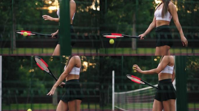 有魅力的女人正在网球场上训练，苗条的身体特写镜头，球员正在击球