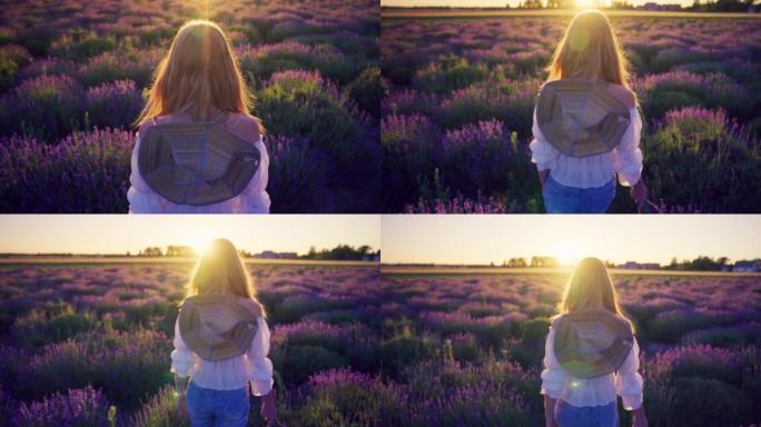 享受大自然。欣赏薰衣草田上日落的女人。紫色花朵的轮廓