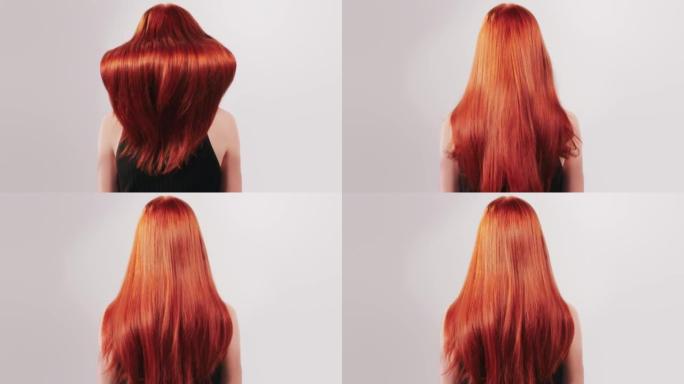 白色背景下直发闪亮红头发的女人
