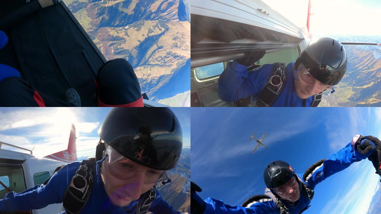 跳伞运动员从飞机上跳下来，滑过高山景观