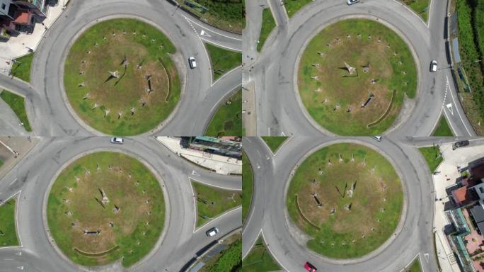 夏季城市环形交叉路口的道路空中俯视图
