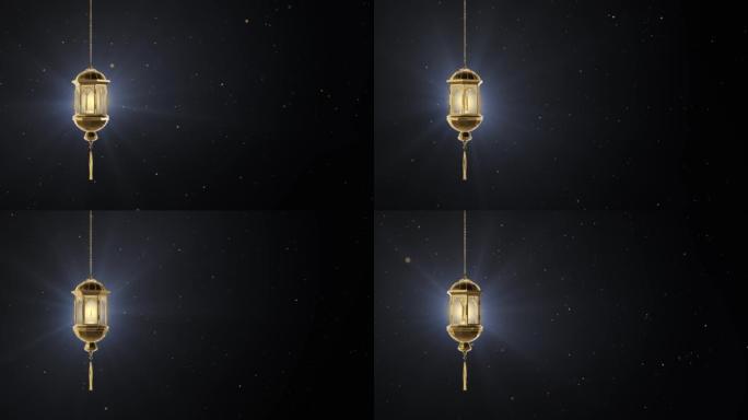4K金色斋月蜡烛灯笼发光与光线循环背景。