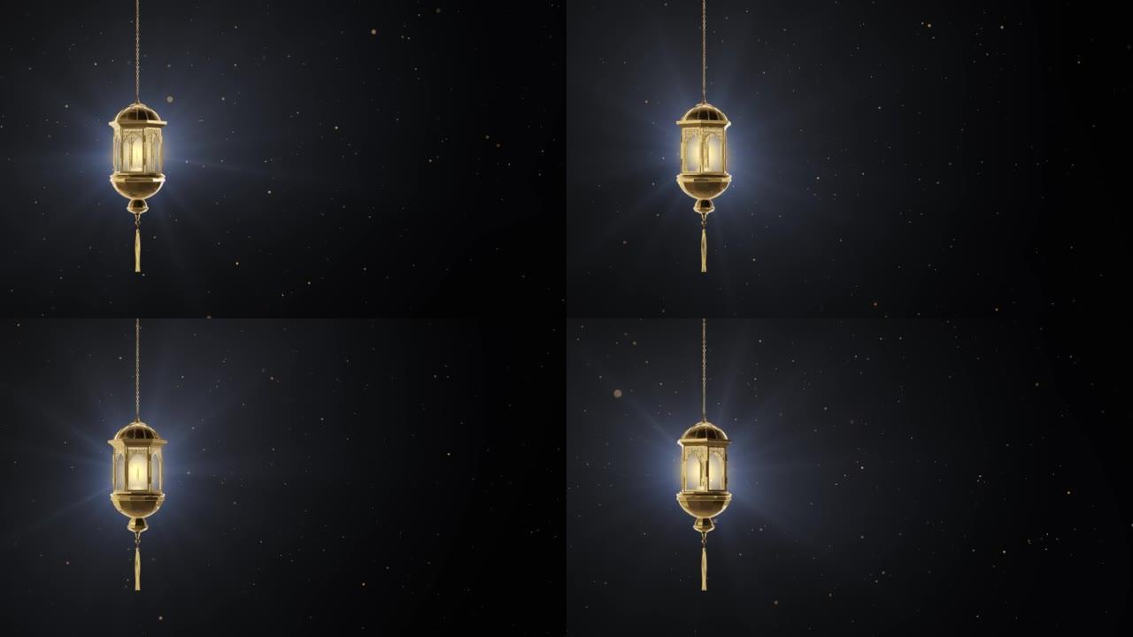 4K金色斋月蜡烛灯笼发光与光线循环背景。