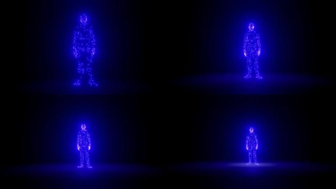 3D发光蓝色数字人体形象动画。抽象网络空间技术。虚拟现实。4K