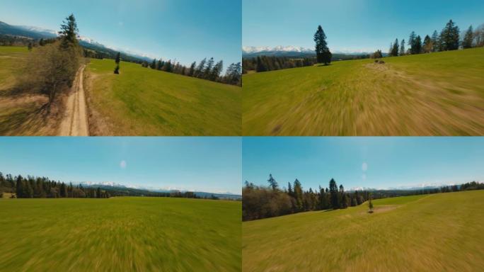 FPV无人机鸟瞰图绿色草地，带土路景观