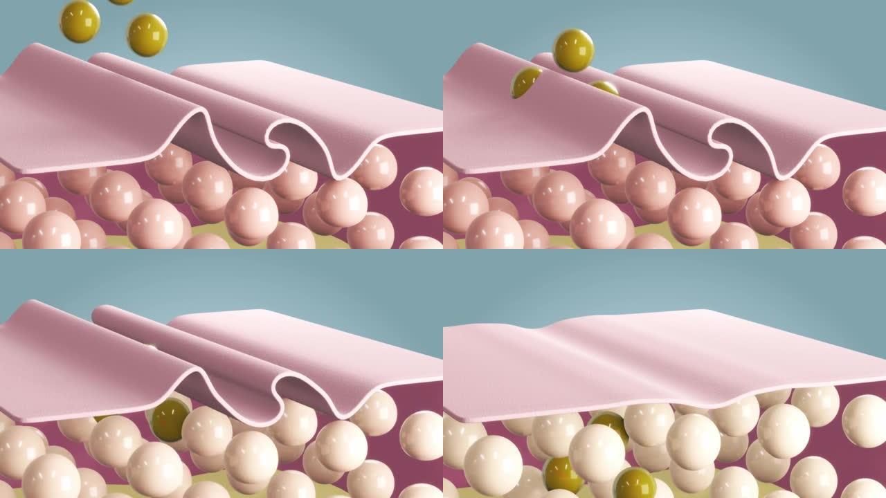 3d渲染动画胶原蛋白或血清滴皮肤护理。除皱，瘦脸。高质量4k镜头