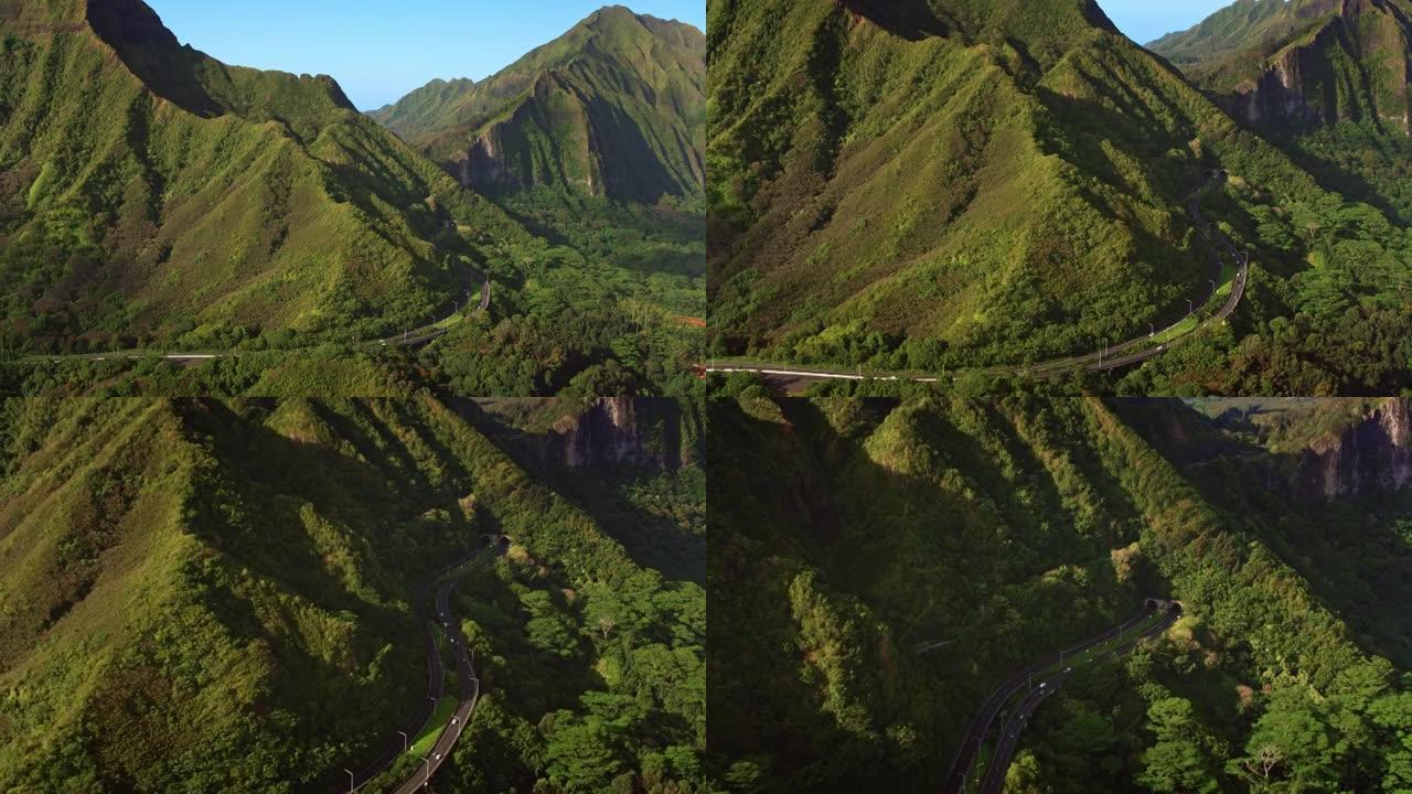 美国夏威夷州瓦胡岛迎风面空中Nu'uanu Pali隧道