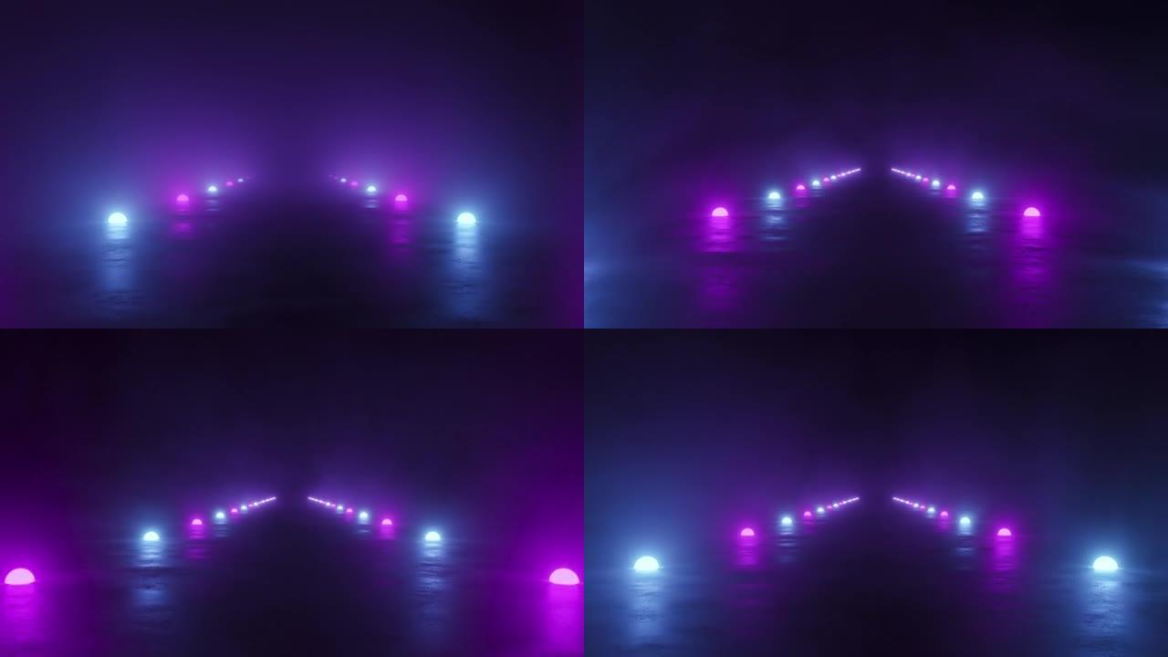 霓虹灯照亮的烟雾中跑道上的未来派飞行4k循环视频