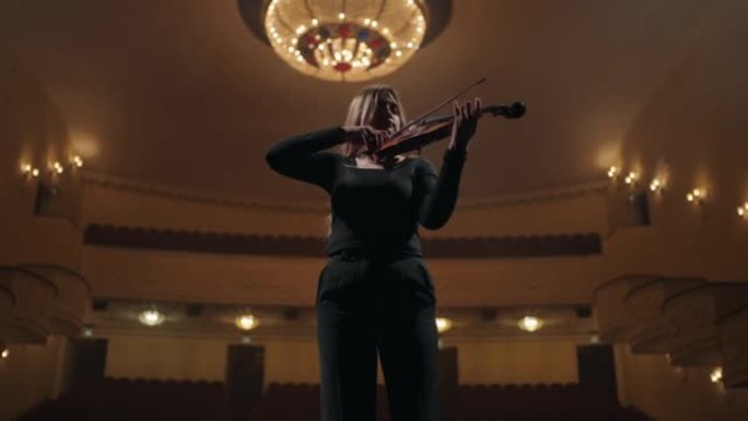 歌剧院小提琴的年轻女子肖像，提琴手在音乐厅拉小提琴