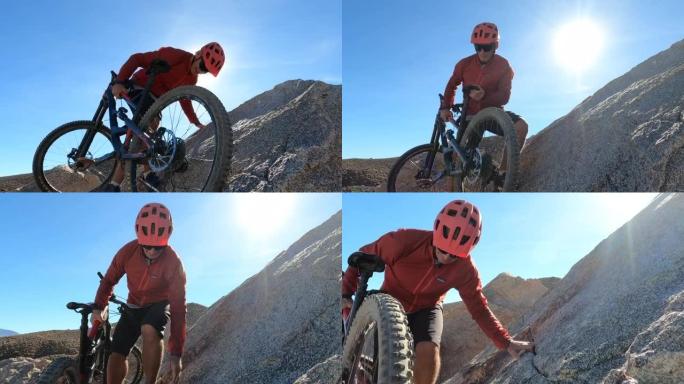男性山地自行车手从山顶下降陡峭的岩石