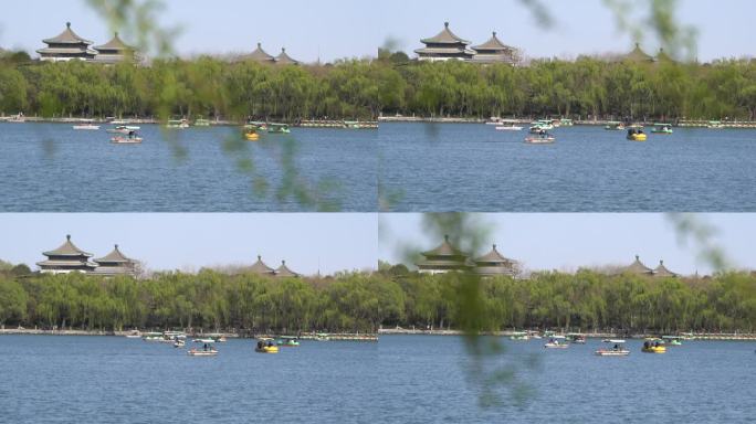 景区湖里游人乘着游船在湖面开心游玩3